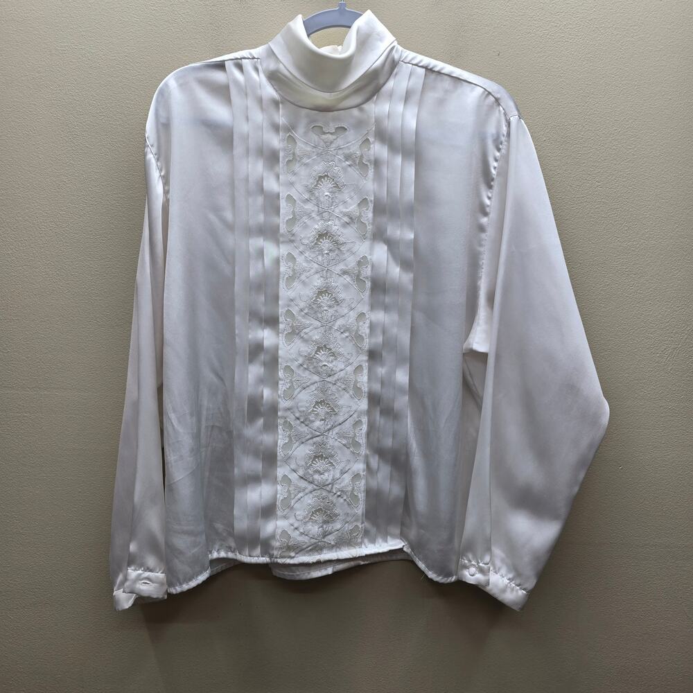 VTG Anne Klein Blouse Top 12 High Mock Neck Victorian Cottagecore White Coquette